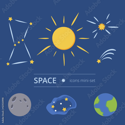 Space icons - seven flat color icons: sun, earth, planet (moon), the Orion constellation, falling star, shining star, starry night sky.
