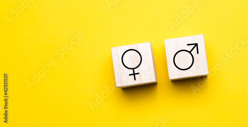 Male and female icon symbols on wooden blocks against yellow background. Flat lay view.