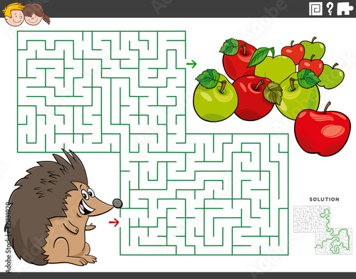 maze educational game with cartoon hedgehog and apples