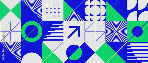 Abstract background with geometric shapes and halftone textures. Minimalistic geometric pattern in Scandinavian style.