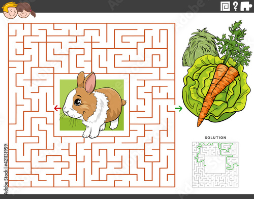 maze educational game with rabbit with carrot and lettuce