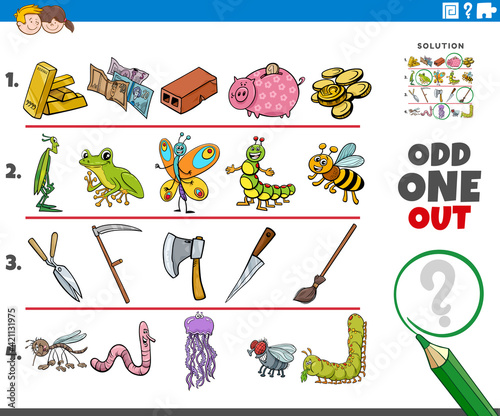 odd one out picture game with cartoon objects and animals