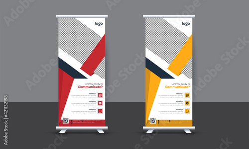Roll up banner stand template design, Red and Yellow banner layout,  pull up,  business flyer, display, x-banner, flag-banner