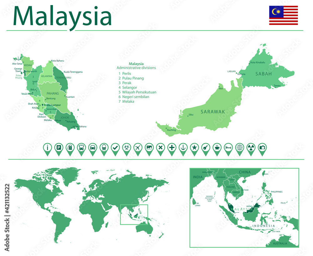 Malaysia detailed map and flag. Malaysia on world map.