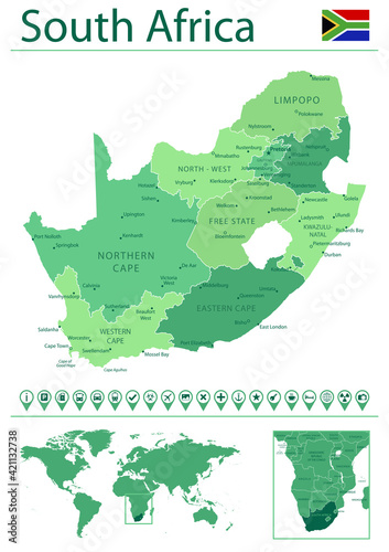 South Africa detailed map and flag. South Africa on world map.