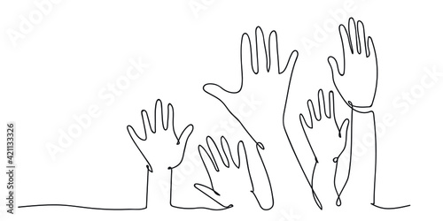 Hands up. Line art. one line drawing on white isolated background. Vector illustration