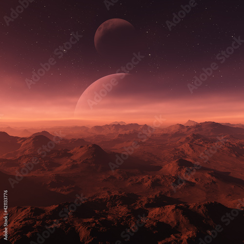 3d rendered Space Art: Alien Planet - A Fantasy Landscape with red skies and stars © britaseifert