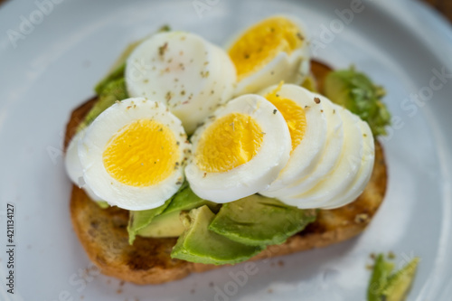 Hard Boiled Eggs Sliced with Avocados on Toast