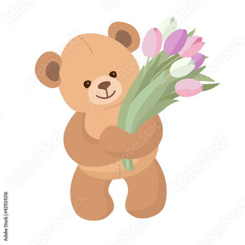 Teddy bear bring flowers. Cute lovely toy wishes joy. Vector
