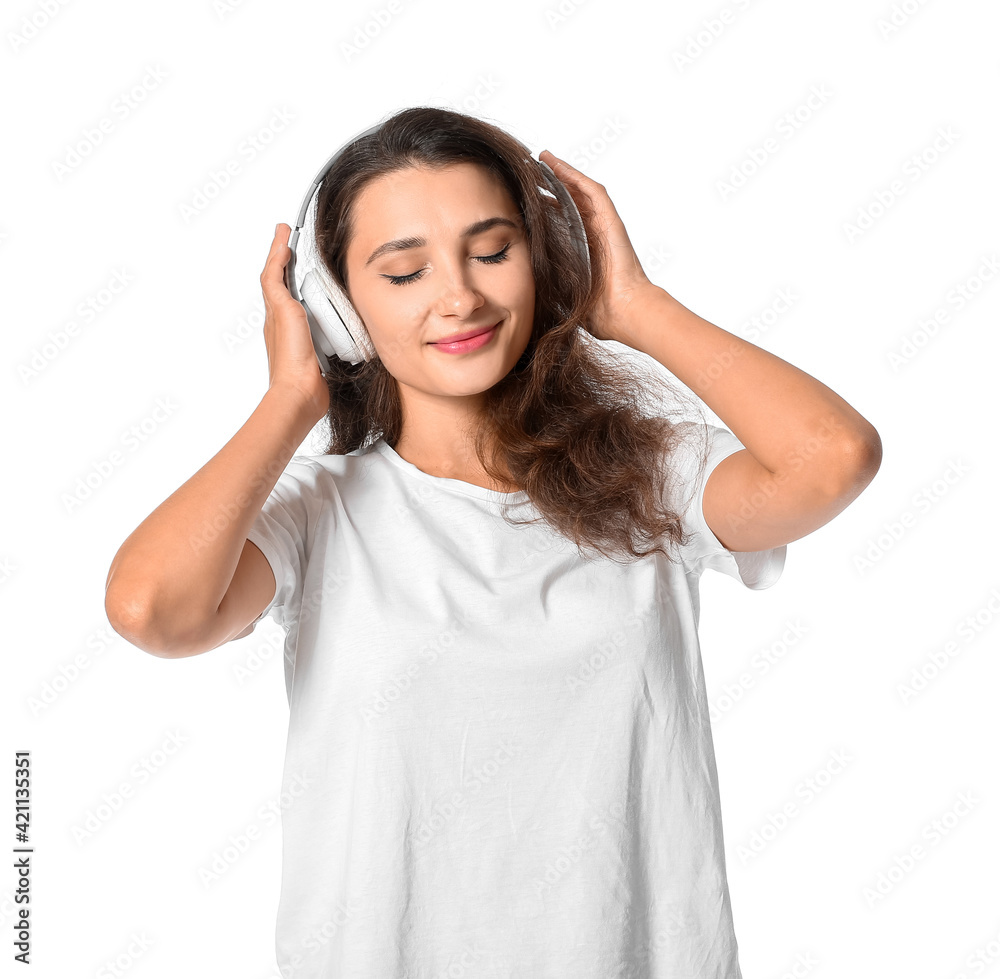 Young woman with headphones on white background Young woman with headphones on white background