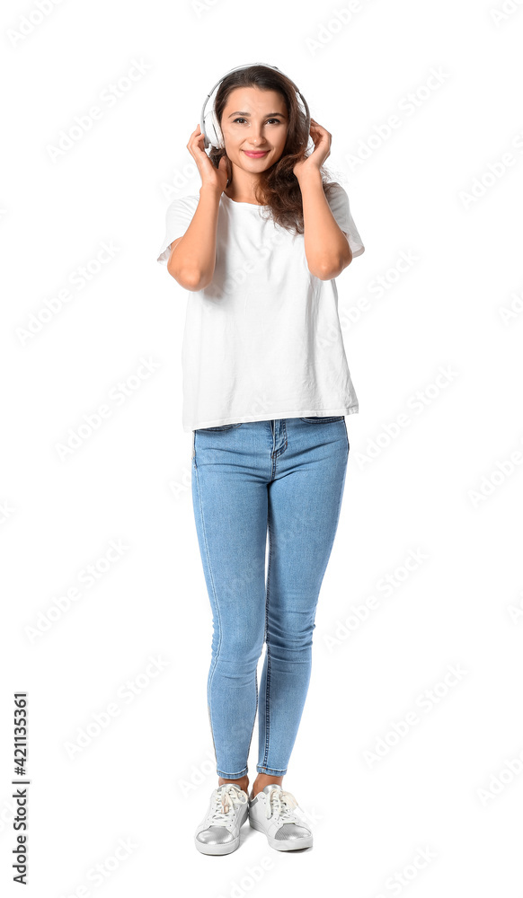 Young woman with headphones on white background Young woman with headphones on white background