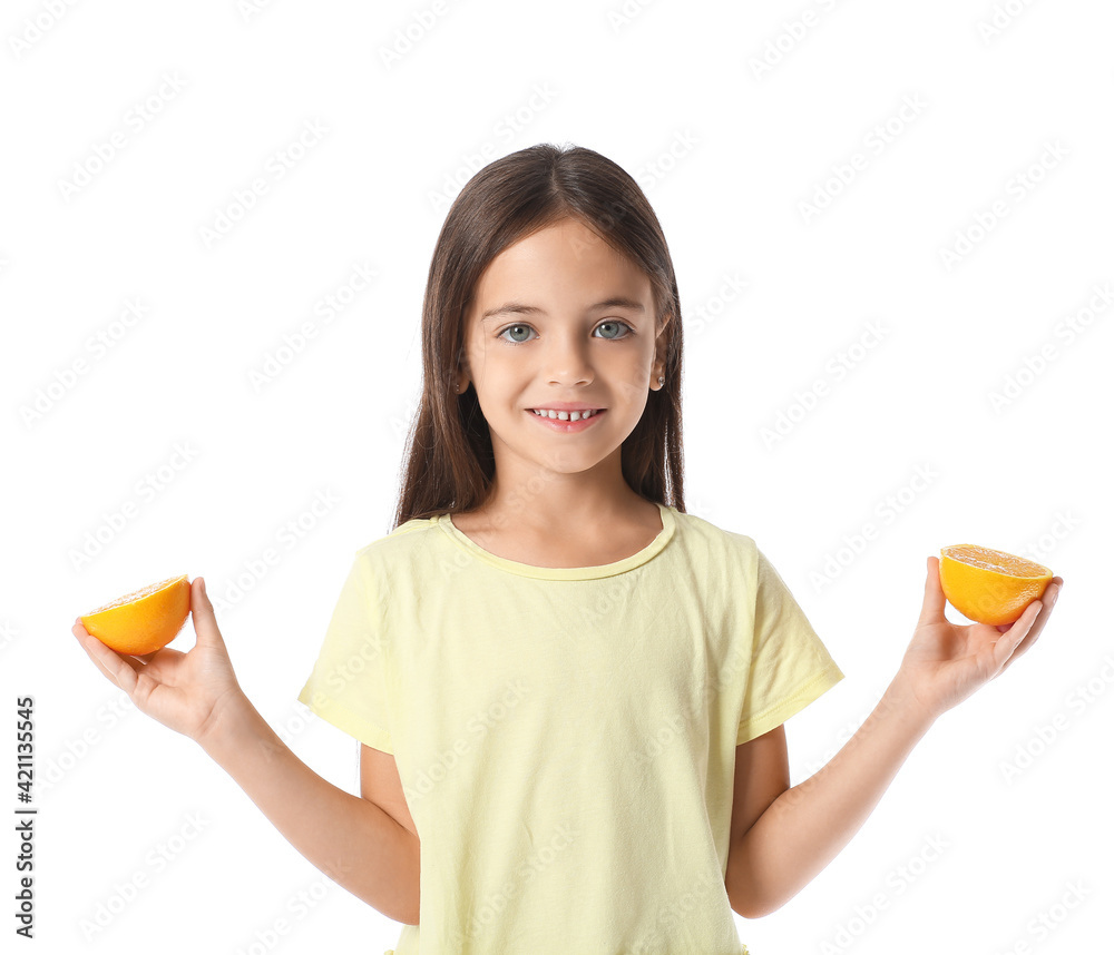 Cute little girl with orange on white background Cute little girl with orange on white background
