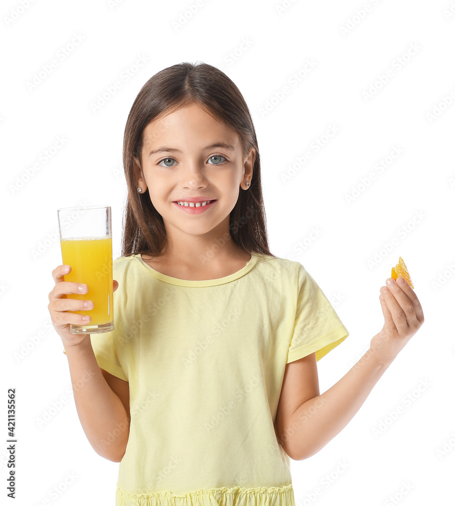 Cute little girl with orange juice on white background