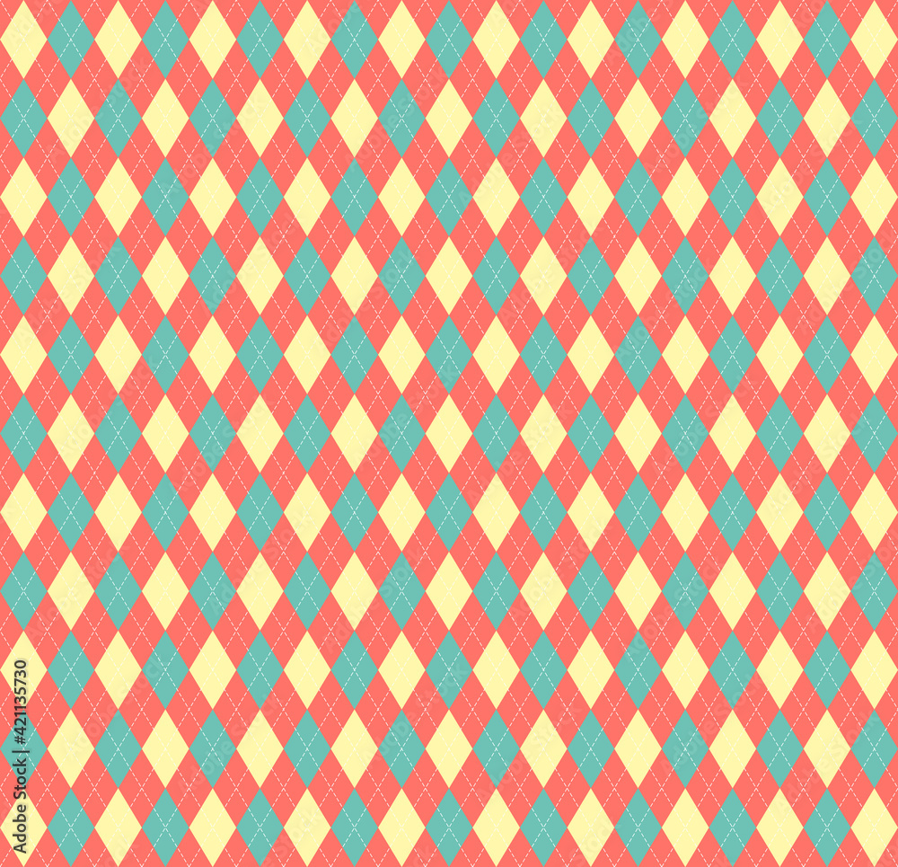 Easter Argyle plaid. Scottish pattern in red, blue and yellow rhombuses. Scottish cage. Traditional Scottish background of diamonds. Seamless fabric texture. Vector illustration Easter Argyle plaid. Scottish pattern in red, blue and yellow rhombuses. Scottish cage. Traditional Scottish background of diamonds. Seamless fabric texture. Vector illustration