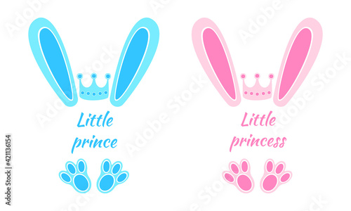 Blue and pink bunny ears and feet with crowns and words Little Prince, Little Princess. Design elements for boys and girls Easter t-shirt, baby shower, greeting card. Vector flat illustration.