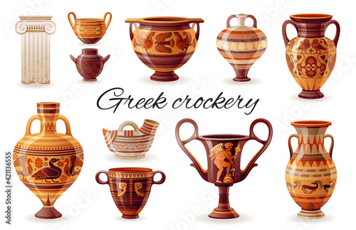 Ancient Greek vase set. Pottery vector. Antique jug from Greece. Old clay amphora, pot, urn, jar for wine, olive oil, cup, column. vintage ceramic icon isolated. Flat cartoon art, ornament decoration