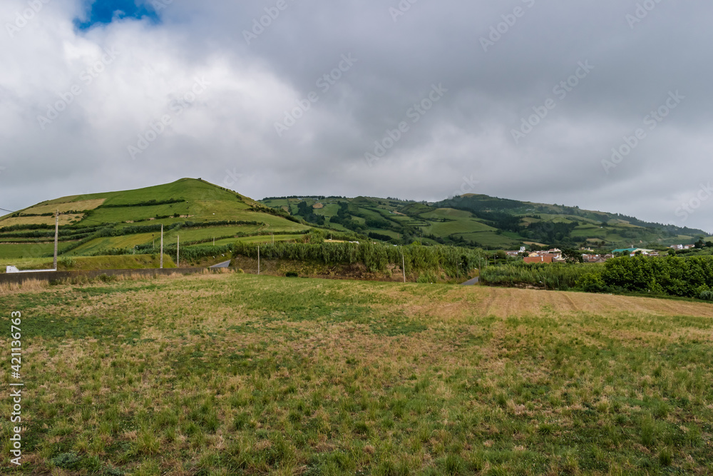 Grass in field with green pasture hills on a cloudy day on the island of São Miguel - Azores PORTUGAL Grass in field with green pasture hills on a cloudy day on the island of São Miguel - Azores PORTUGAL
