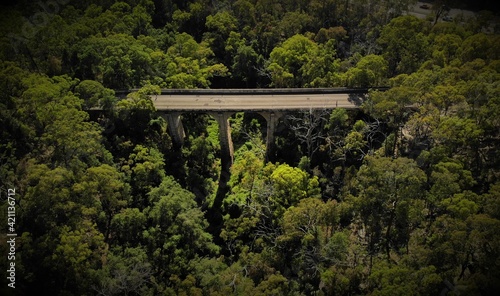 Drone images of the Knapsack Bridge, an old sandstone arch bridge, on a sunny spring morning surrounded by green eucalyptus trees. photo