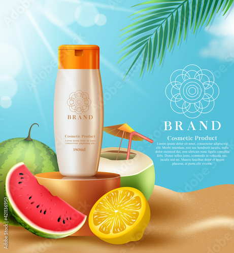 Cosmetics sunscreen product vector template design. Cosmetic sunblock products with tropical fruits like lemon and watermelon extract element for summer skin care ad promotion design. 