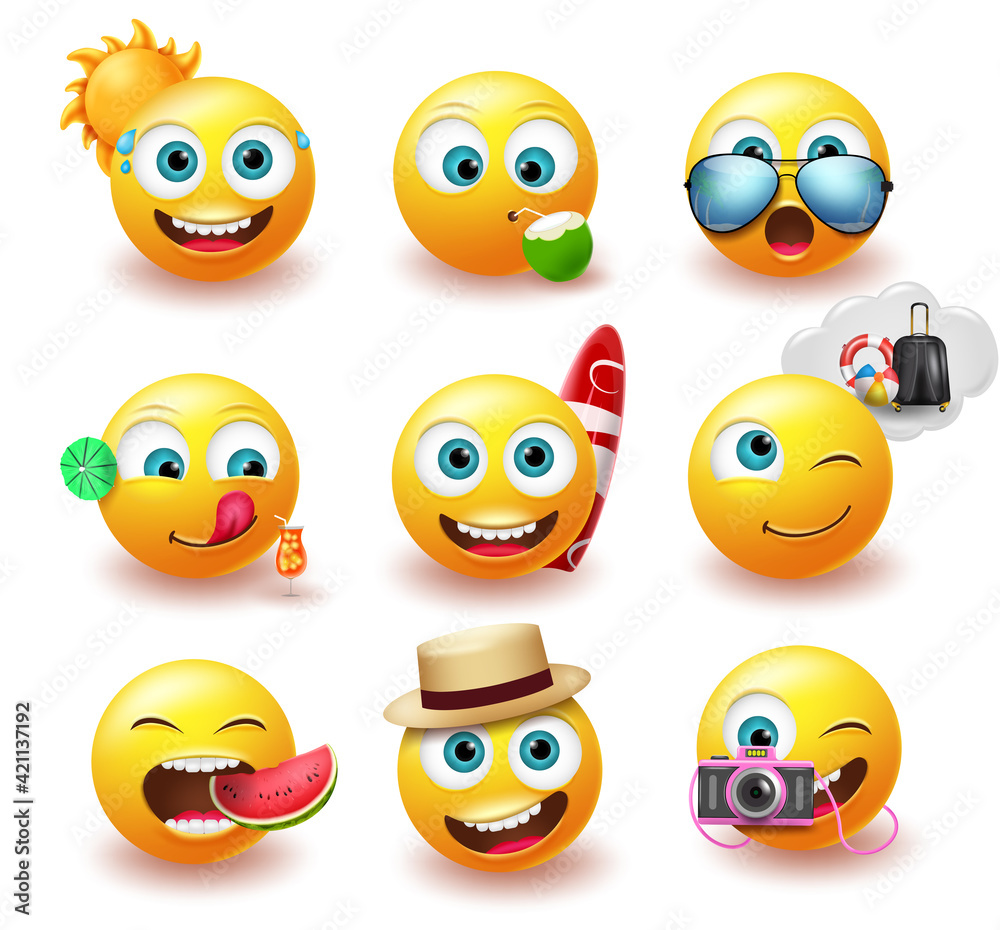Smileys summer emoticon vector set. Smiley yellow icon emoji with facial expression and beach element for tropical season character emoticons collection design. Vector illustration
