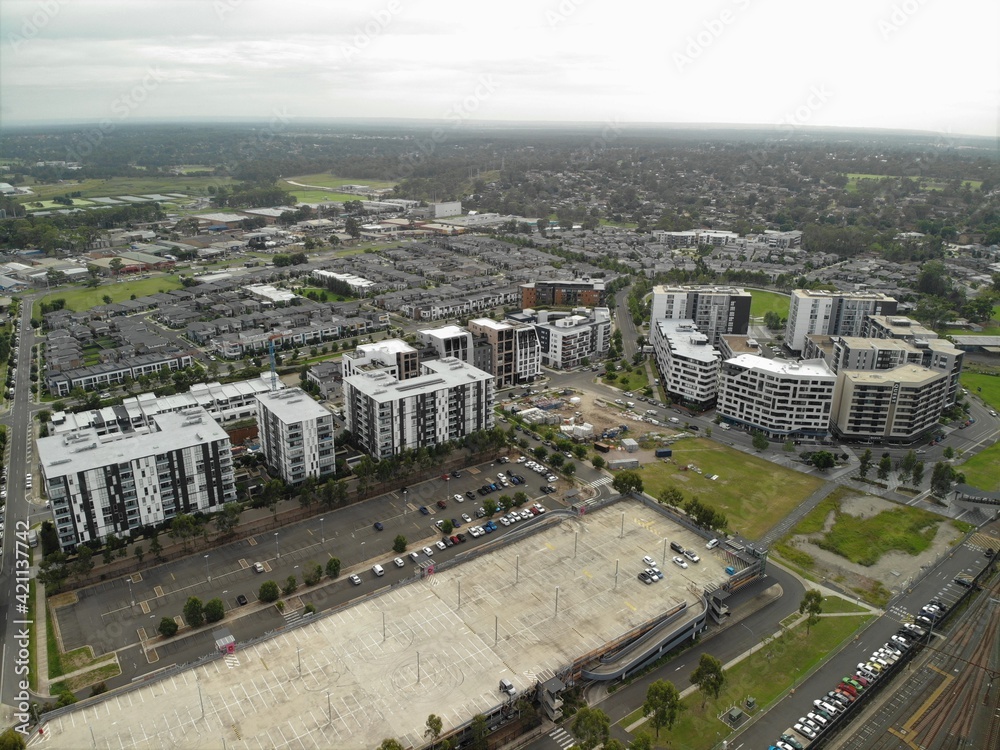 Fototapeta premium Aerial image of modern apartment buildings and housing estate.