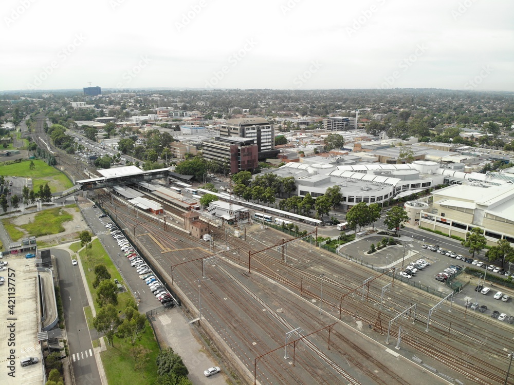 Aerial image of the Penrith Central Business District on an overcast day.