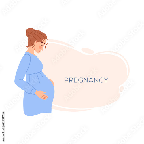 Pregnant woman banner isolated on white background. Flat happy smiling young mom expecting a baby hold pregnant belly. Pregnancy concept. Banner character design. Cartoon maternity vector illustration