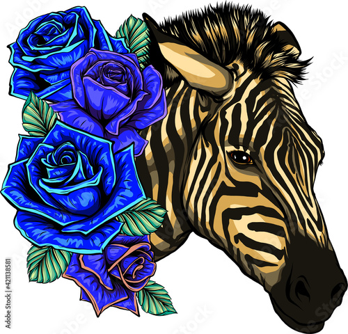 vector illustration of zebra head with blue roses