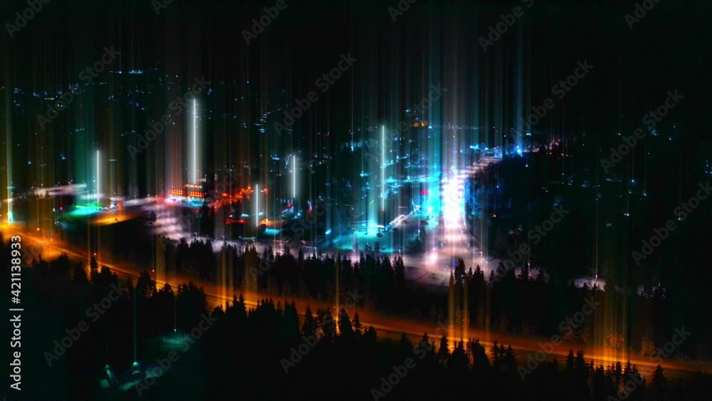 Technology Network ray beams on small town background - 3d graphics animation Technology Network ray beams on small town background - 3d graphics animation