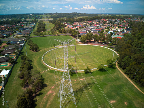 Drone photograph of the blue hills wetlands in glenmore park, NSW, australia.