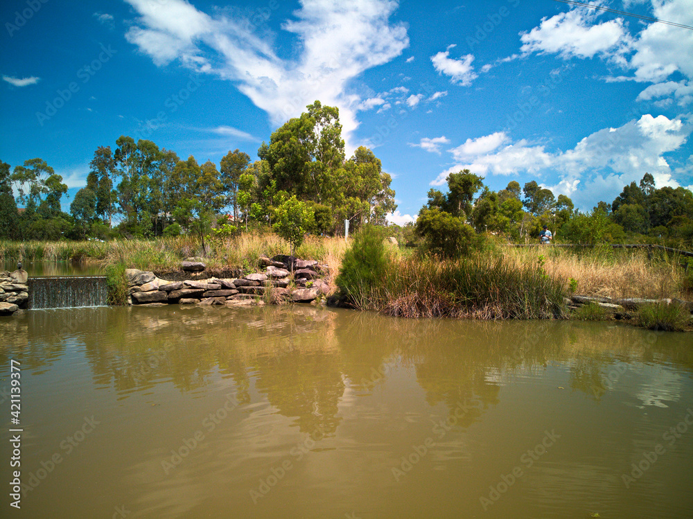 Drone photograph of the blue hills wetlands in glenmore park, NSW, australia.