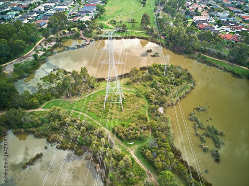 Drone photograph of the blue hills wetlands in glenmore park, NSW, australia. photo