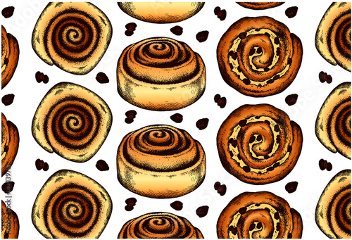Sketch hand drawn pattern with brown frosted cinnamon rolls isolated on white background. Cinnamon bun with raisins, topping, glaze, icing. Drawing food for bakery, dessert menu. Vector illustration