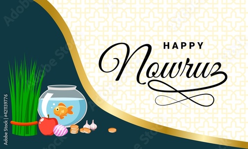 Vector illustration of a goldfish in a glass bowl, green grass, red apples, colored eggs and coins, as a symbol of the celebration of International Nowruz Day and Happy Nowruz. photo