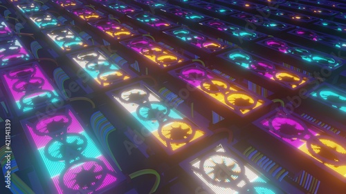 Set of graphic cards, neon glowing concept of computational power and cryptocurrency mining, 3D rendering.