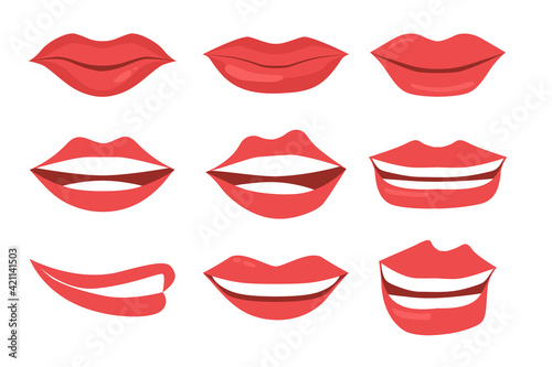 Collections of female mouth with red lipstick on lips isolated on white background. Flat vector illustration