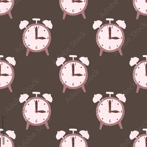 Hand drawn technic seamless pattern with doodle alarm clock print. Brown background. Morning artwork.