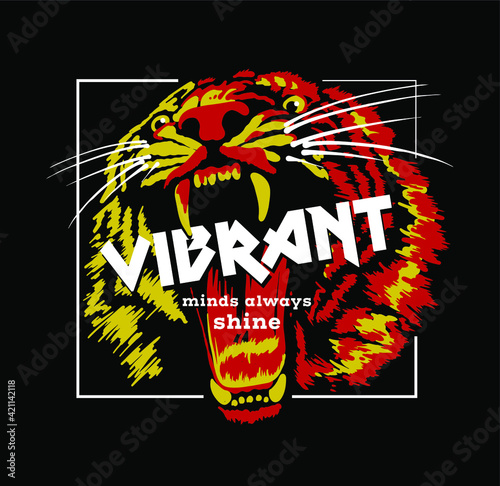 Burning tiger head illustration with flames and slogan for fashion, apparel, poster design and other creative use