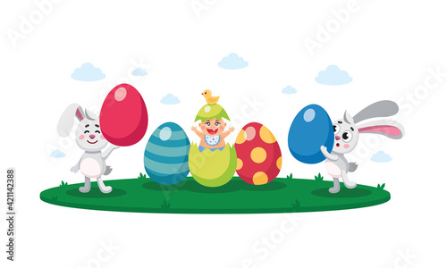 Happy easter, egg hunt flat kid's vector illustration, composition, banner, card, poster with painted, decorative eggs, newborn baby, easter rabbits, bunnies, hares, seasonal greeting