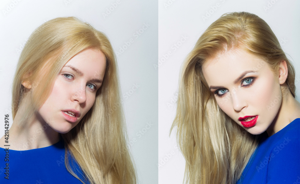 Beauty Cosmetics after and before make up. Beautiful young woman with clean perfect skin. Beauty Cosmetics after and before make up. Beautiful young woman with clean perfect skin.