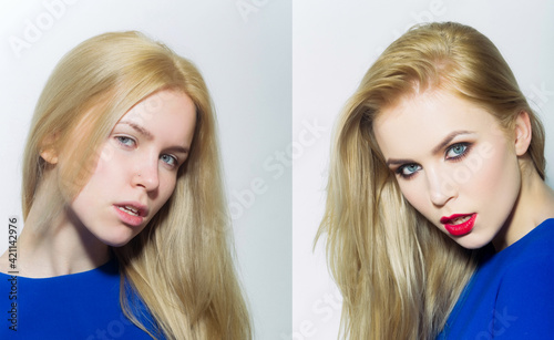 Beauty Cosmetics after and before make up. Beautiful young woman with clean perfect skin.