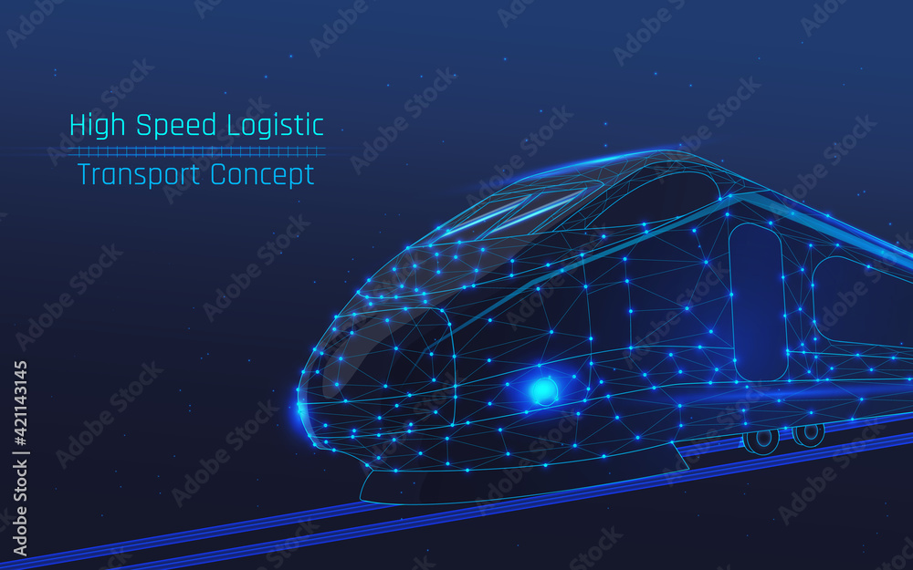 modern high-speed train, passenger travel concept, cargo delivery, moving between countries on the tycoon's railroad. modern and future logistics technologies .wireframe, plexus,vector, dark-blue bg - obrazy, fototapety, plakaty 