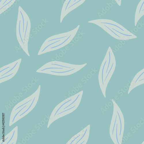 Vintage simple seamless pattern with random light foliage print. Blue pastel background. Leaves doodle artwork.