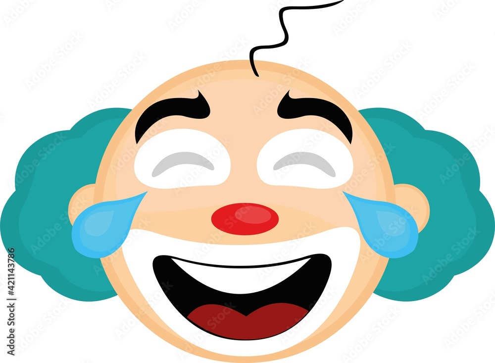 Vector illustration of an emoticon of the head of a cartoon clown, with a happy expression and with tears of joy Vector illustration of an emoticon of the head of a cartoon clown, with a happy expression and with tears of joy