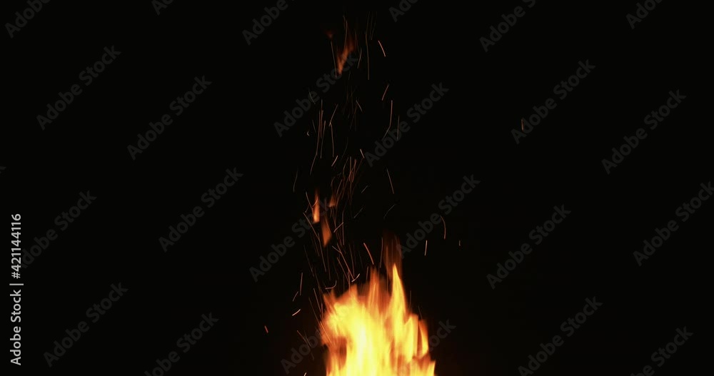 Fire flame on black. Inferno motion. Hot blaze. Campfire glow. Yellow burn ignite sparks flying up isolated on dark night background. Fire flame on black. Inferno motion. Hot blaze. Campfire glow. Yellow burn ignite sparks flying up isolated on dark night background.