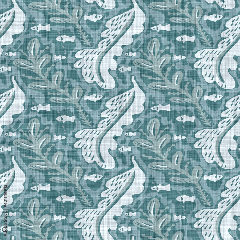 Aegean teal mottled seaweed linen texture background. Summer coastal living style 2 tone fabric effect. Sea green wash distressed grunge material. Decorative kelp motif textile seamless pattern 
