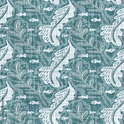 Aegean teal mottled seaweed linen texture background. Summer coastal living style 2 tone fabric effect. Sea green wash distressed grunge material. Decorative kelp motif textile seamless pattern  