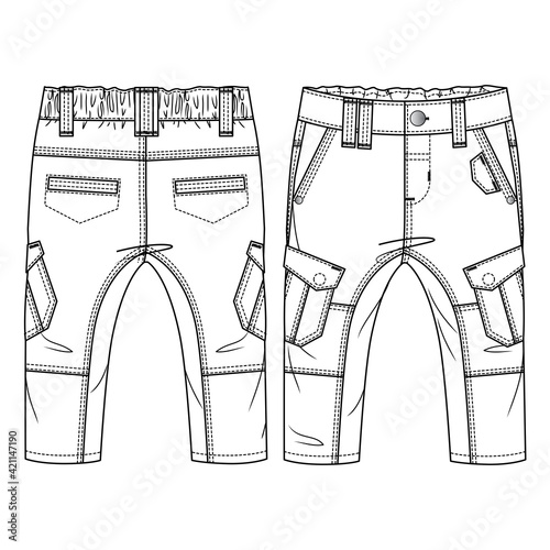 Baby Boys Cargo Pant with apply pockets and Knee detail fashion flat sketch template. kids Technical Fashion Illustration. Woven, Denim, Twill CAD. Multiple Pockets and cut and sew