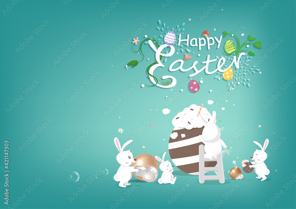 Happy Easter, celebrate invitation, rabbit cartoon character with Easter egg, seasonal party holiday vector illustration - obrazy, fototapety, plakaty 