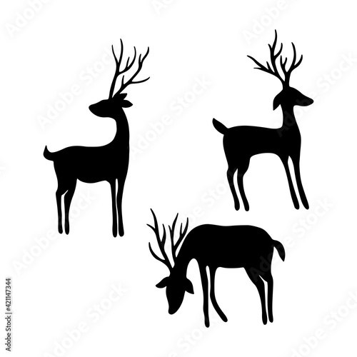 set of deer silhouettes. Deer isolated on white. Deer silhouettes. Deer hand drawn. Vector EPS 10.